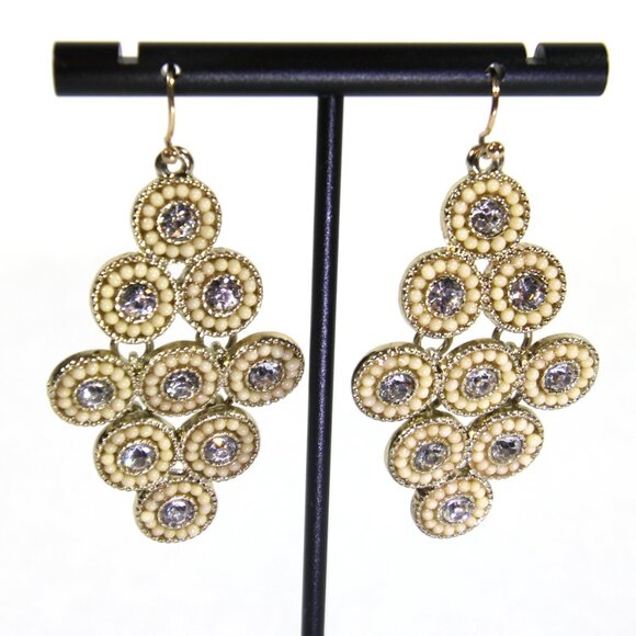 Vintage Gold Tone Chandelier Earrings with Yellow Beads and Clear Rhinestones - Picture 5 of 8